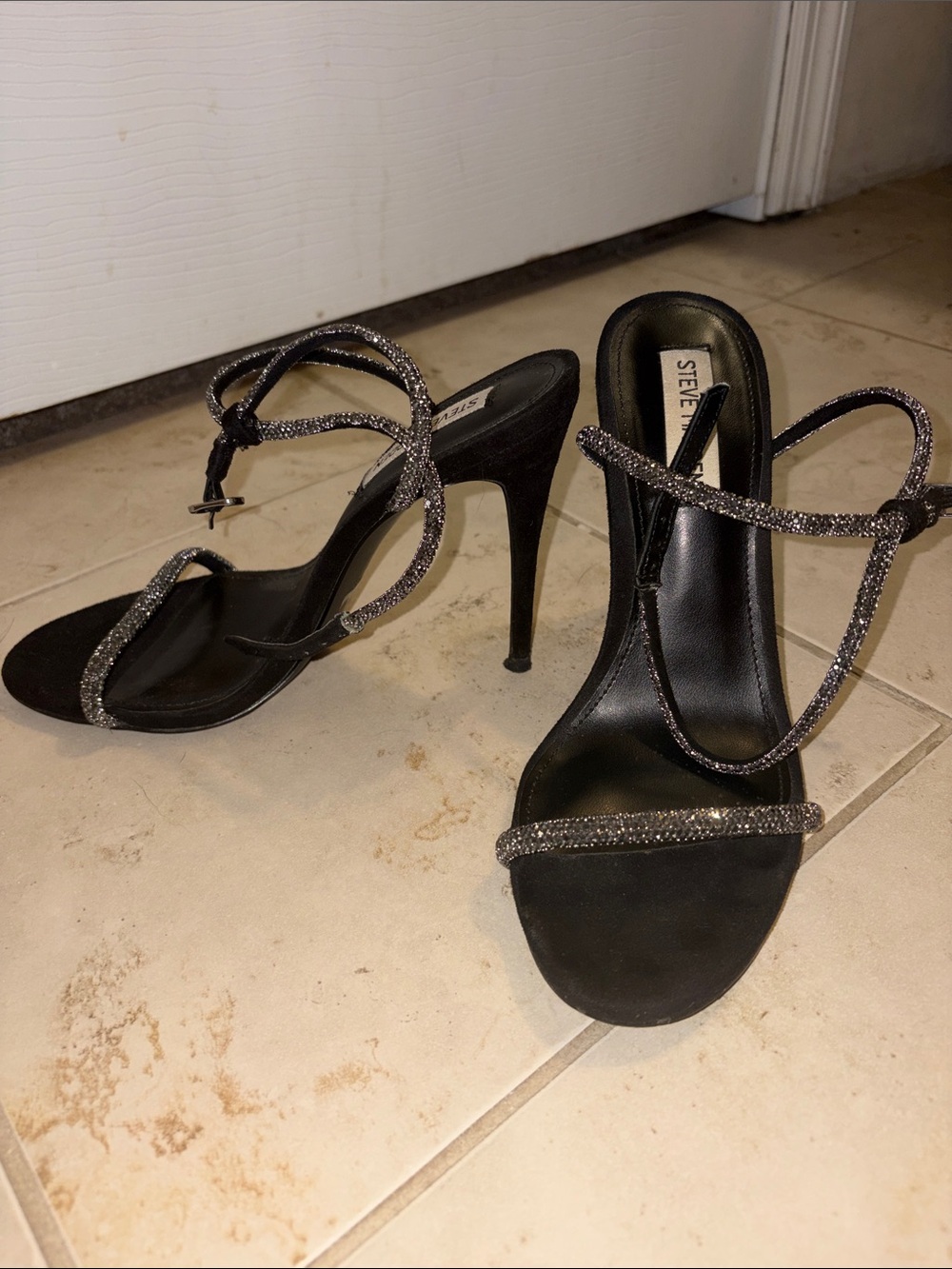 Black Steve Madden Women's Ankle-Strap Heels with rhinestones and faux suede - Picture 1 of 5